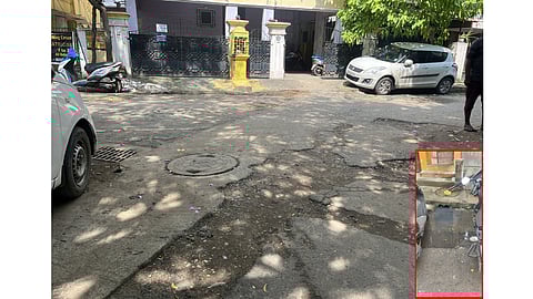 Damaged road awaiting restoration at NGO Colony in Choolaimedu. (Inset) SWD overflows due to illegal sewage connections