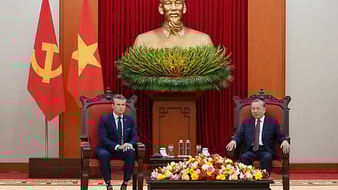 U.S. Defense Secretary Pete Hegseth, left, and General Secretary of Vietnam's Communist Party To Lam talk during a meeting in Hanoi, Vietnam.