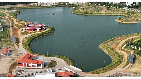 Aerial view of the rejuvenated Navalur lake and eco park