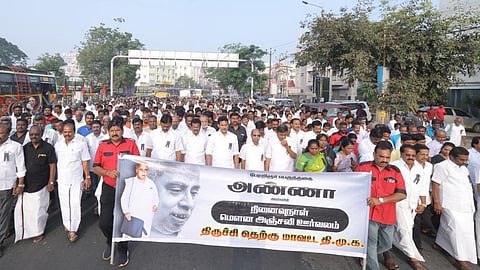 School Education Minister Anbil Mahesh Poyyamozhi leading DMK's silent march on Anna's death anniversary in Tiruchy on Tuesday