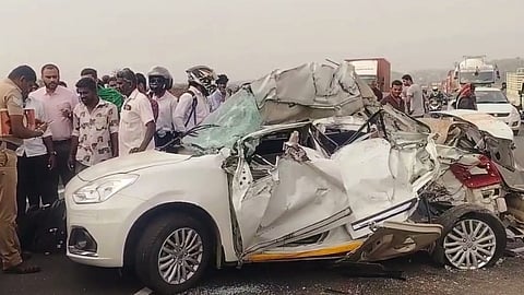 The mangled remains of the car