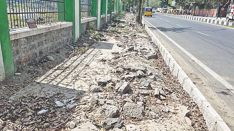 550-metre pavement alongside the Mayor Ramanathan Salai filled with unremoved concrete slabs