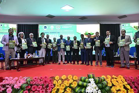 Dignitaries and healthcare leaders releasing the summit report at SRM Medical College Hospital and Research Centre on Thursday.