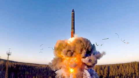 This photo taken from a video distributed on Dec. 9, 2020 by the Russian Defense Ministry Press Service, shows a rocket launch as part of a ground-based intercontinental ballistic missile test at the Plesetsk facility in northwestern Russia.