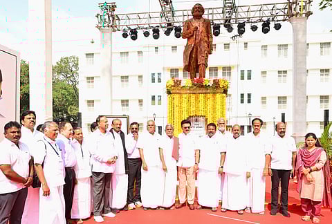 Chief Minister MK Stalin with alliance party leaders after unveiling the Karl Marx statue in Egmore on Friday