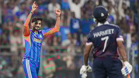 India's Axar Patel celebrates after taking the wicket of USA's Harmeet Singh during the ICC Men's T20 World Cup 2026 cricket match between India and USA, at the Wankhede Stadium, in Mumbai, Saturday, Feb. 7, 2026