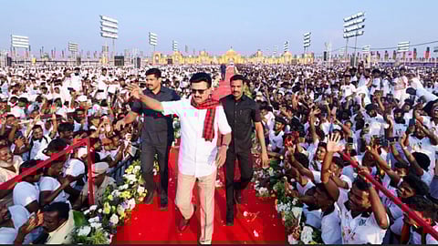 Chief Minister MK Stalin waving at supporters while taking part in DMK's Youth Wing conference in Virudunagar on February 7