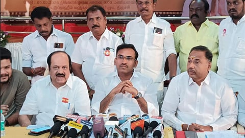 TVK leader Arunraj addressing media persons in Tiruchy on Monday