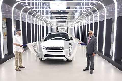 The first Range Rover Evoque being rolled out from the Tata Motors Passenger Vehicles and Jaguar Land Rover (JLR) greenfield car manufacturing facility in Ranipet, by Chief Minister MK Stalin and Tata Motors and JLR Chairman N Chandrasekaran.