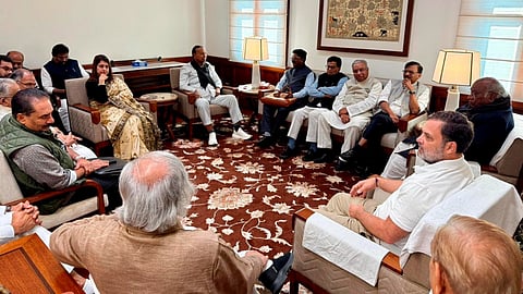 LoP in the Rajya Sabha and Congress President Mallikarjun Kharge, LoP in the Lok Sabha Rahul Gandhi, party MP Jairam Ramesh and other leaders, attend a meeting at Parliament House complex, in New Delhi, on February 10. (AICC)