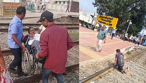Disabled people crossing tracks at Tiruvallur