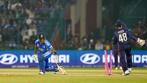 Namibia's wicketkeeper Zane Green stumps out India's captain Suryakumar Yadav during an ICC Men's T20 World Cup 2026 cricket match between India and Namibia, at the Arun Jaitley Stadium, in New Delhi, Thursday,