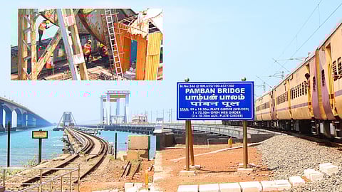 View of the old Pamban bridge as a train passes on the newly built section. (Inset) Workers dismantling the lift span portion in the centre