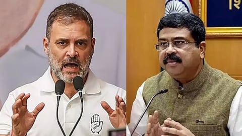 (L) Rahul Gandhi, (R) Dharmendra Pradhan