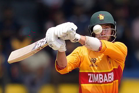 Zimbabwe's Brian Bennett plays a shot during the T20 World Cup cricket match between Australia and Zimbabwe in Colombo, Sri Lanka, Friday, Feb. 13, 2026.