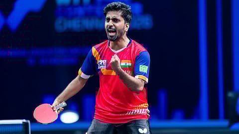 Sathiyan Gnanasekaran exults after a hard-fought win over Eduard Ionescu on February 14