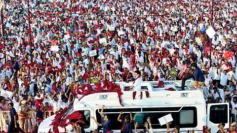 Chief Minister MK Stalin at DMK's booth-level agents' conference in Tirupattur on Saturday (February 14)