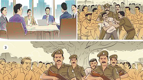 Gulshan Darad is an influential IT startup founder in Giridh district, Jharkhand. Around 20-30 villagers surround the CB-CID team from TN while arresting him. Four district police personnel armed with self-loading rifles keep the crowd at bay