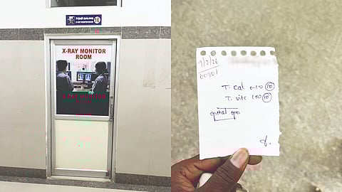 The vinyl sticker on the door is deceptive, as the x-ray room at Kannagi Nagar UCHC remains locked (L); prescription written on scrap paper