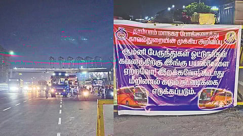Omnibuses halt outside KCBT on GST Road causing congestion; (R) a warning banner put up by police