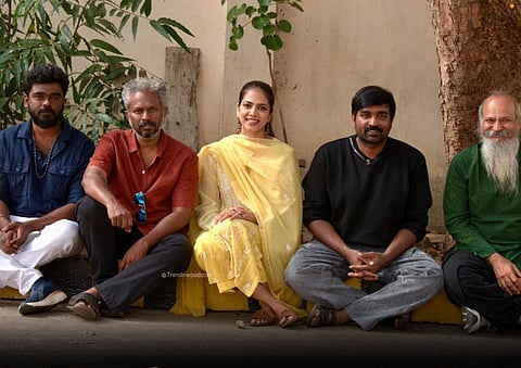 Vijay Sethupathi along with Malavika Mohanan, Thiagarajan Kumararaja , Ilaiyaraaja , Nirav Shah