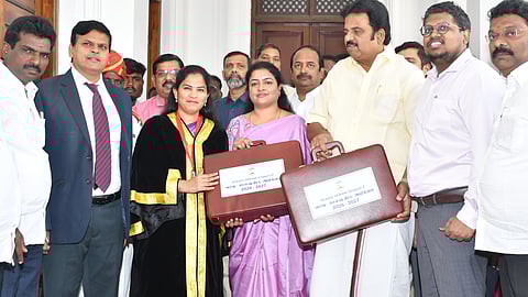 Mayor R Priya presenting the budget for 2026-27 FY at Ripon Building on Wednesday