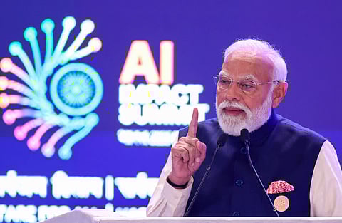 In this image received on Feb. 19, 2026, Prime Minister Narendra Modi addresses the gathering during the India AI Impact Summit 2026, in New Delhi.