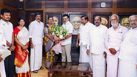 Chief Minister MK Stalin with DMDK chief Premalatha Vijayakant at Anna Arivalayam on February 19.