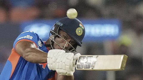 India's Shivam Dube plays a shot during an ICC Men's T20 World Cup 2026 cricket match between India and Netherlands, at the Narendra Modi Stadium, in Ahmedabad.