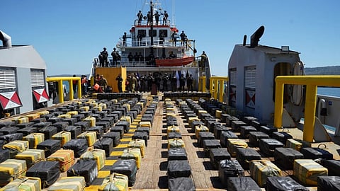 Drugs seized by El Salvador’s Navy are displayed during a press conference in Puerto la Union, El Salvador.