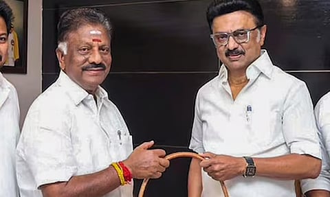 O Panneerselvam visited the Chief Minister’s chamber in the Assembly and presented him with a bouquet