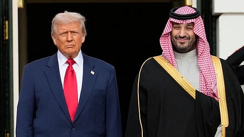 President Donald Trump stands with Saudi Arabia’s Crown Prince Mohammed bin Salman on his visit to the White House, Nov. 18, 2025, in Washington.