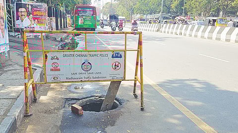 Barricaded storm water drain on the main road