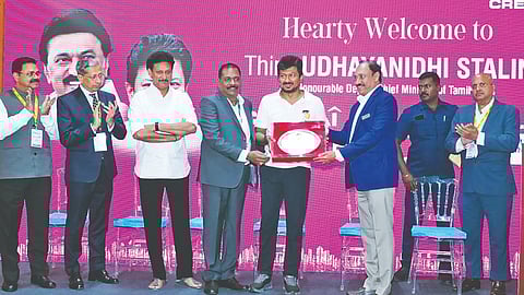 Deputy CM Udhayanidhi Stalin receiving a memento after inaugurating the 18th edition of CREDAI FAIRPRO on Friday