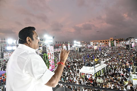 AIADMK general secretary Edappadi Palaniswami addressing supporters in Padiyanallur in Chennai on Sunday