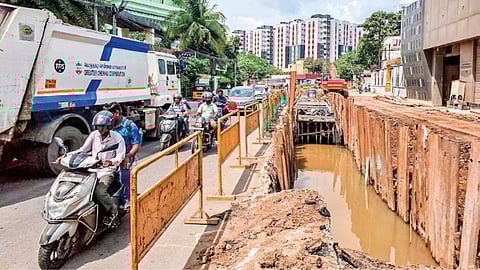 The unfinished storm water drain work in DeMellows Road