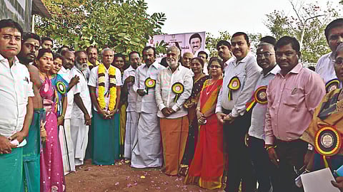 Ministers PK Sekar Babu, S Muthusamy and officials
at the stone laying ceremony in Erode on Sunday