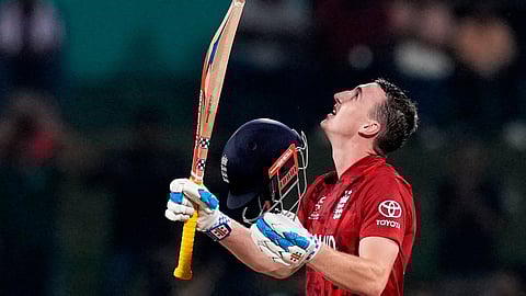 England's captain Harry Brook celebrates his century during the T20 World Cup cricket match between England and Pakistan in Pallekele
