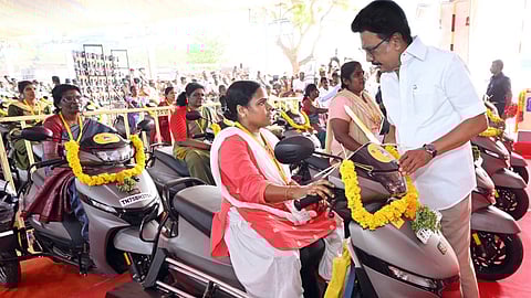 Chief Minister MK Stalin handing over scooters to the differently abled to beneficiaries at an event in Nagercoil on Wednesday