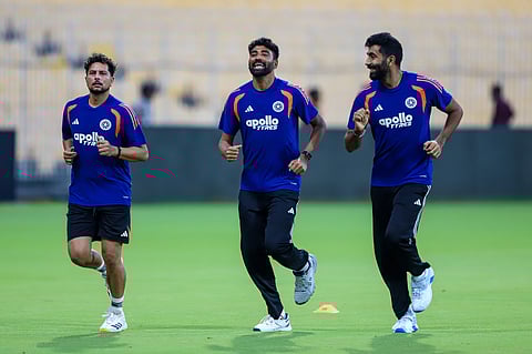 Kuldeep Yadav, Mohammed Siraj, and Jasprit Bumrah from chepauk