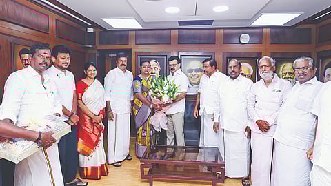 DMDK chief Premalatha Vijayakant with Chief Minister and DMK president MK Stalin at Anna Arivalayam (file photo)