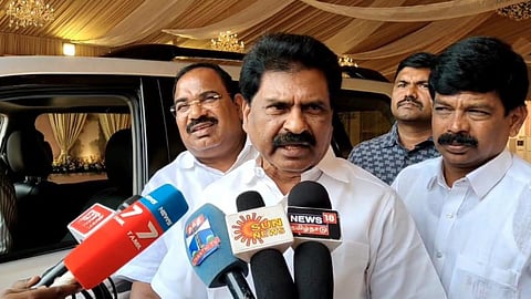 Kongunadu Makkal Desia Katchi general secretary ER Eswaran talking to media persons in Coimbatore on February 26.