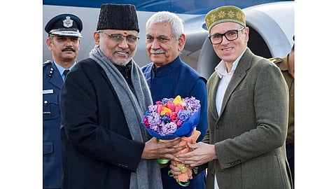 Vice President CP Radhakrishnan being welcomed by Jammu and Kashmir LG Manoj Sinha and Chief Minister Omar Abdullah upon his arrival at Srinagar Airport