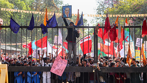 Members of the Jawaharlal Nehru University Students' Union (JNUSU) stage a protest rally towards the Ministry of Education for stronger implementation of University Grants Commission regulations and enactment of the "Rohith Vemula Act", in New Delhi