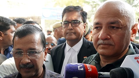 AAP national convener Arvind Kejriwal and former Delhi deputy chief minister Manish Sisodia address the media at Rouse Avenue Court, in New Delhi, Friday, Feb. 27, 2026.