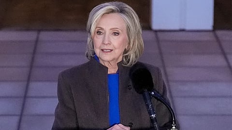 Former Secretary of State Hillary Clinton speaks outside the Chappaqua Performing Arts Center, after testifying before U.S. House lawmakers as part of a congressional investigation into convicted sex offender Jeffrey Epstein, Thursday, Feb. 26, 2026, in Chappaqua, N.Y.