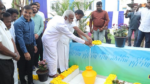 Ministers KN Nehru and PK Sekarbabu inaugurating the underground water tank on Friday