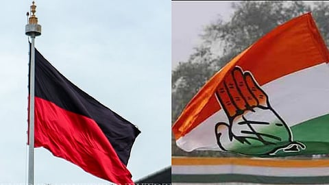 (L) DMK flag, (R) Congress flag