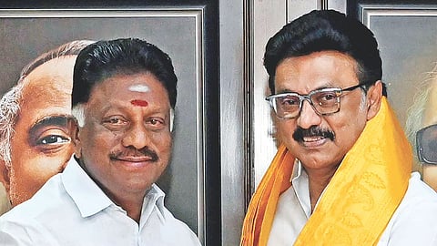 CM Stalin with O Panneerselvam at Anna Arivalayam on Friday
