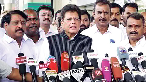Union Minister Piyush Goyal flanked by NDA leaders while
addressing the media at Madurai airport on Saturday